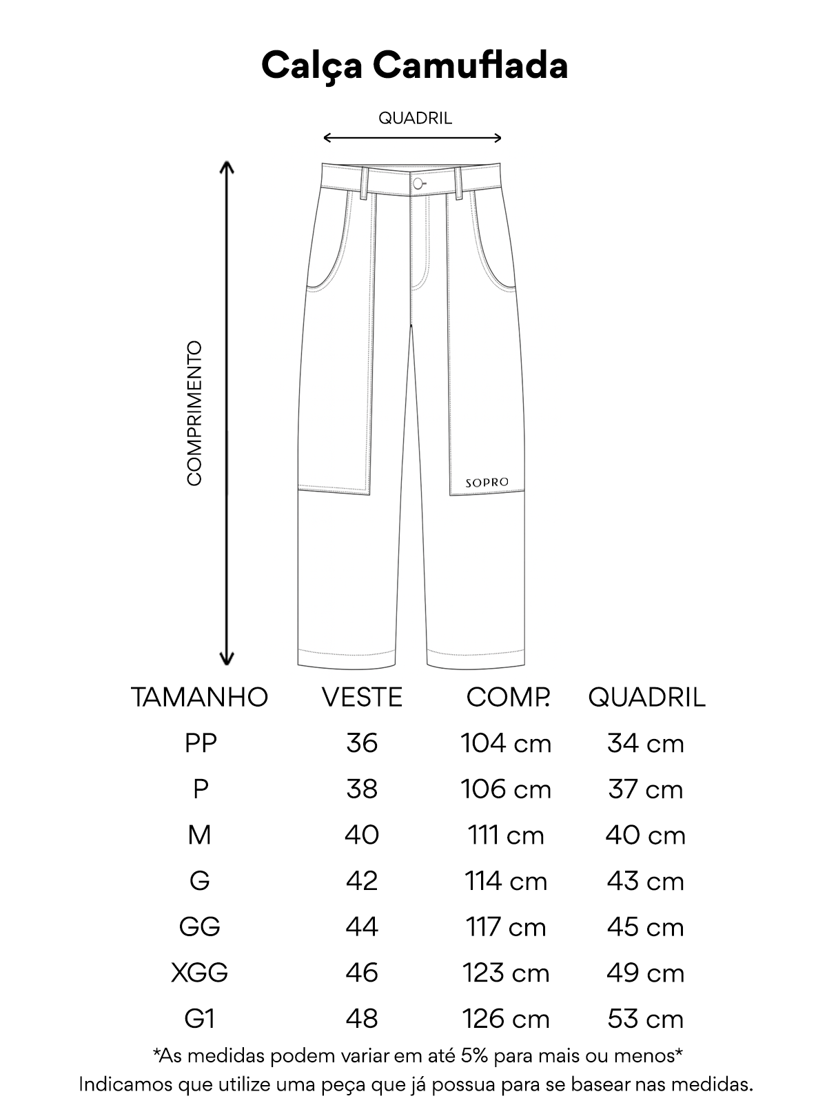 Calça Camuflada - Tabela de Medidas - FN2