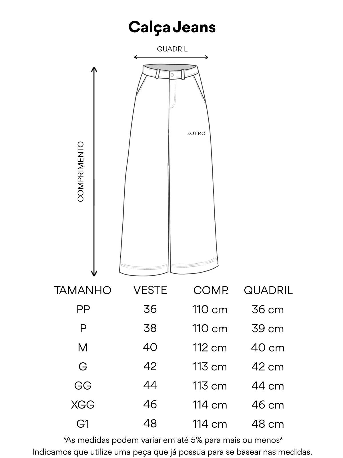 Calça Jeans - Tabela de Medidas - FN2