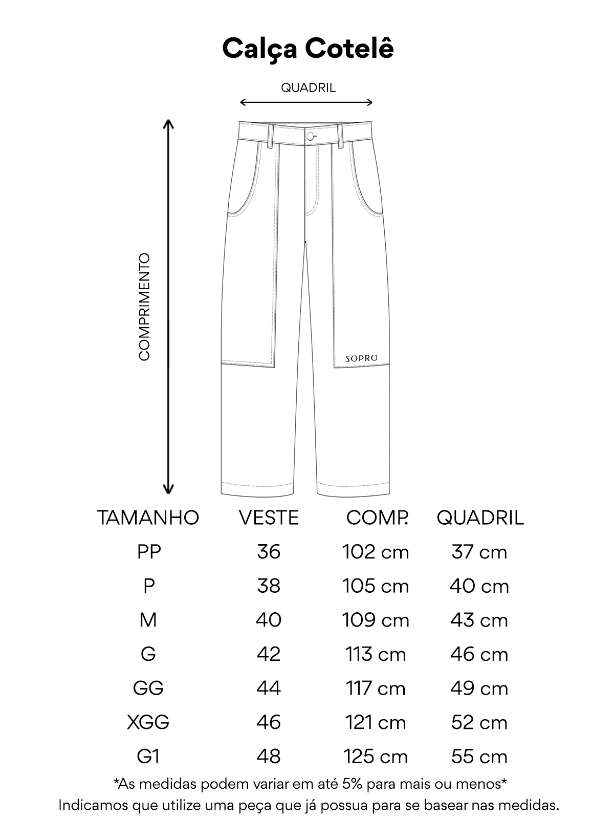 Calça de Cotelê - Tabela de Medidas - FN