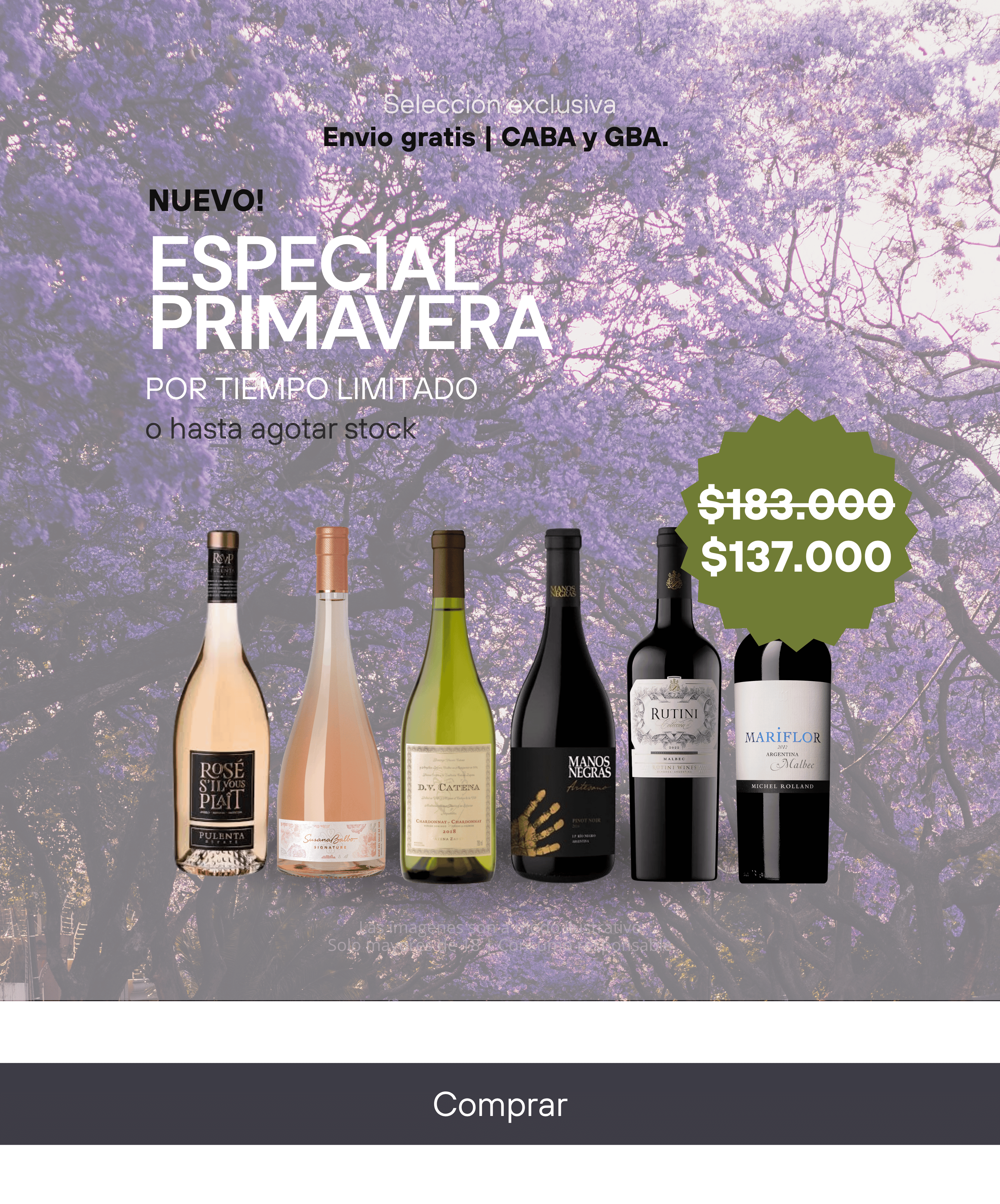 Combo especial de primavera con seis vinos diferentes. Dos rosados, un blanco, tres tintos.