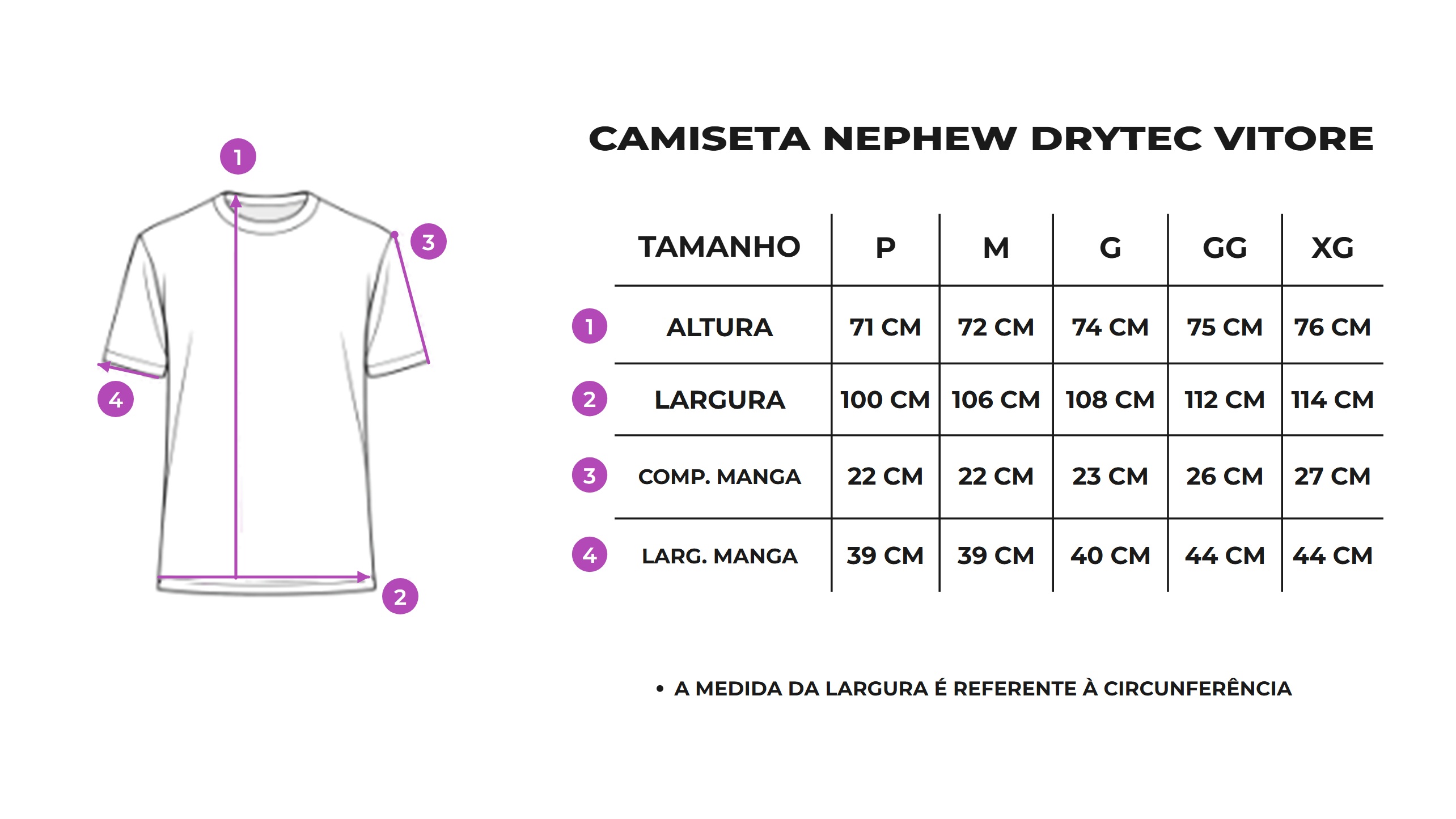Tabela de medidas Camiseta Nephew Drytec Vitore