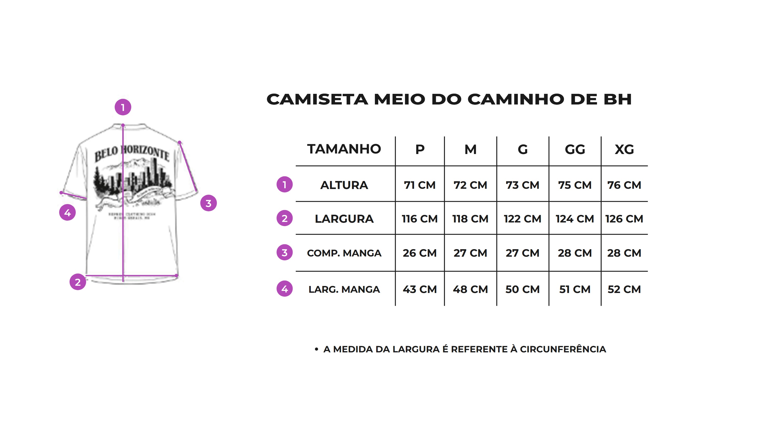 Tabela de medidas Camiseta Meio do Caminho de BH