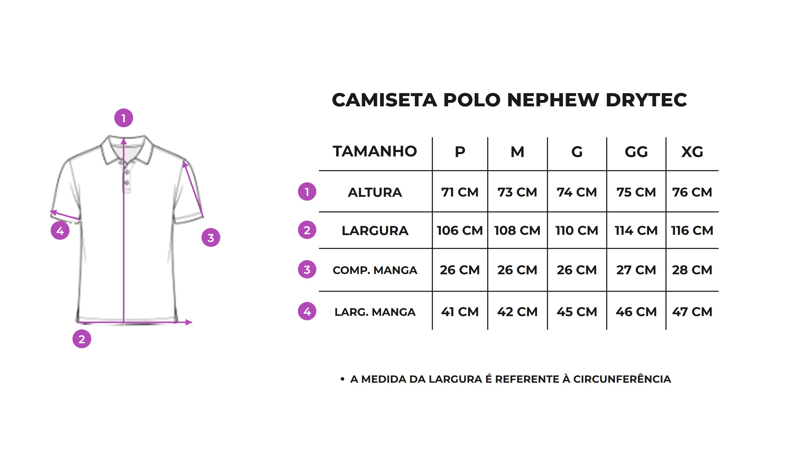Tabela de medidas Camiseta Polo Nephew Drytec