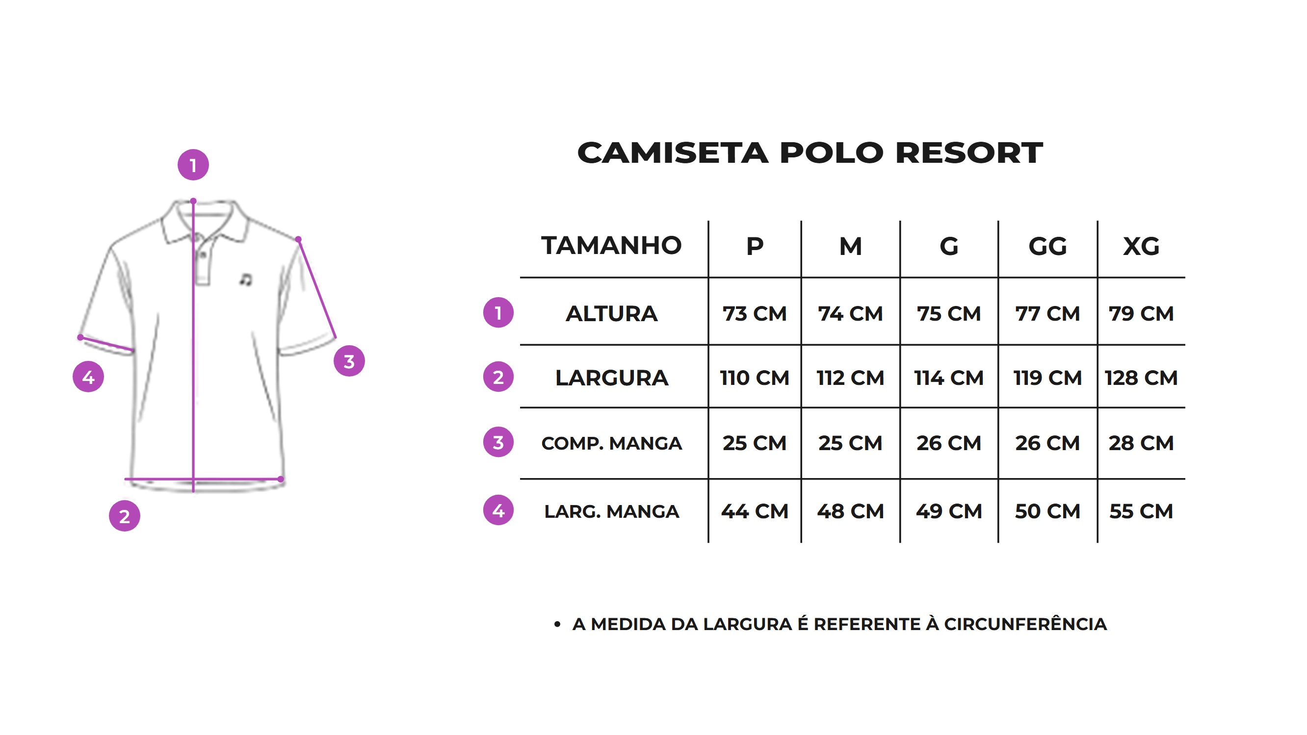 Tabela de medidas Camiseta Polo Resort