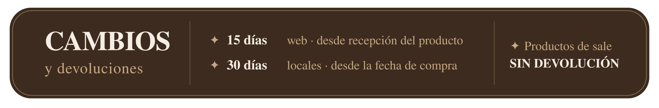 Banner de Cambios y Devoluciones Bucco: 15 días para compras web desde la recepción del producto · 30 días para compras en locales desde la fecha de compra · Productos de sale sin devolución.