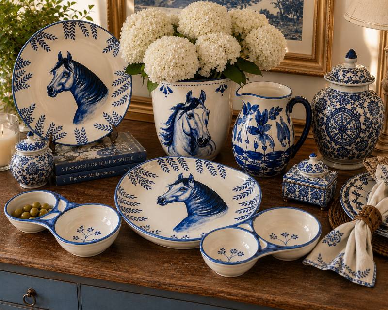 Aparador com prato, vaso, jarra e petisqueiras de cerâmica com cavalos azuis pintados à mão