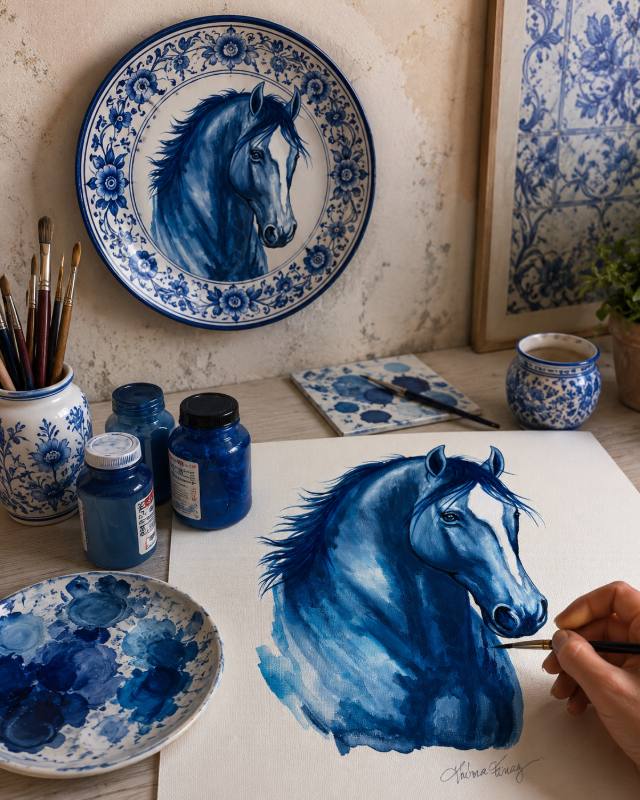 Pintura de cavalo azul em andamento, ao lado de um prato de cerâmica com o mesmo cavalo azul
