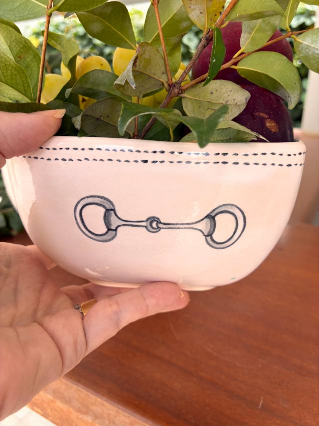 Bowl de cerâmica com bridão pintado à mão, segurado na mão