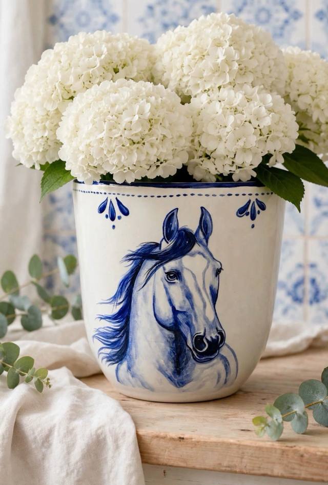 Cachepô de cerâmica com cavalo azul pintado à mão e hortênsias brancas