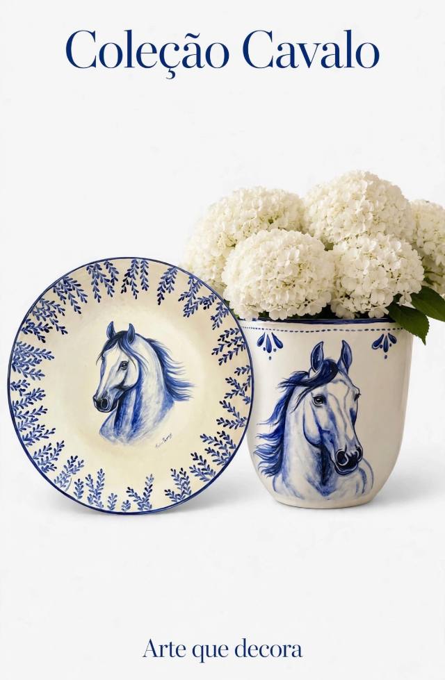 Prato com borda de folhas e cachepô com cavalo azul e hortênsias brancas, com o título Coleção Cavalo