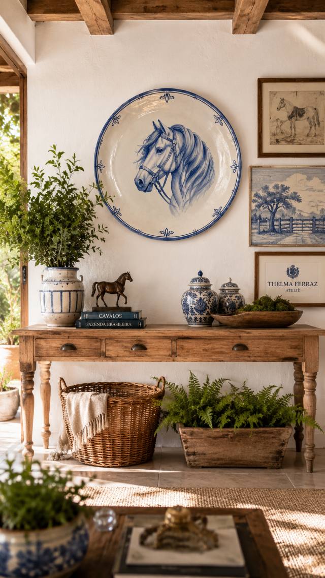 Hall de entrada com prato grande de cavalo azul na parede, sobre um aparador de madeira