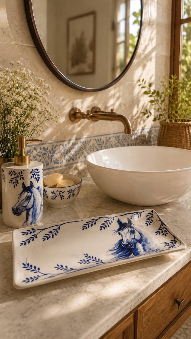 Bancada de banheiro com bandeja e saboneteira de cerâmica com cavalo azul pintado à mão