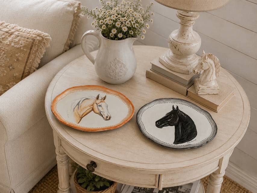 Mesa lateral com dois pratos pequenos de cerâmica, um com cavalo baio e outro com cavalo preto