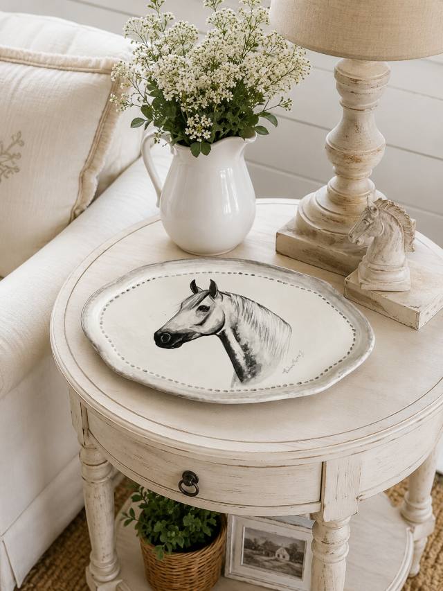 Mesa lateral com prato de borda ondulada e cavalo em preto e branco pintado à mão