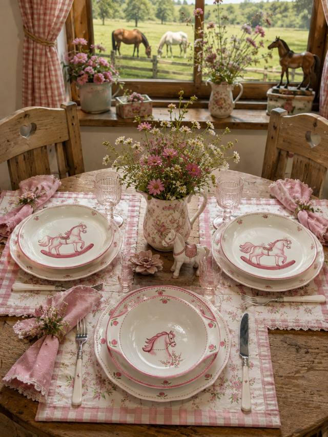 Mesa posta com pratos e bowls de cerâmica com cavalinho de balanço cor-de-rosa, diante de uma janela com vista para o pasto