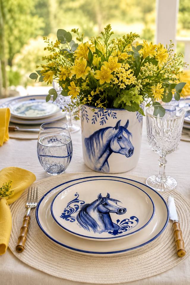 Mesa posta com prato e cachepô de cerâmica com cavalo azul pintado à mão e flores amarelas