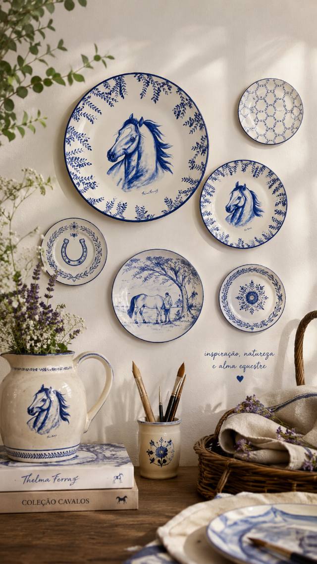 Parede com pratos de cerâmica em azul e branco com cavalos e ferradura, e jarra com cavalo azul