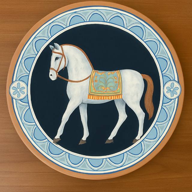 Peça redonda com cavalo branco de manta colorida sobre fundo azul-marinho e borda azul