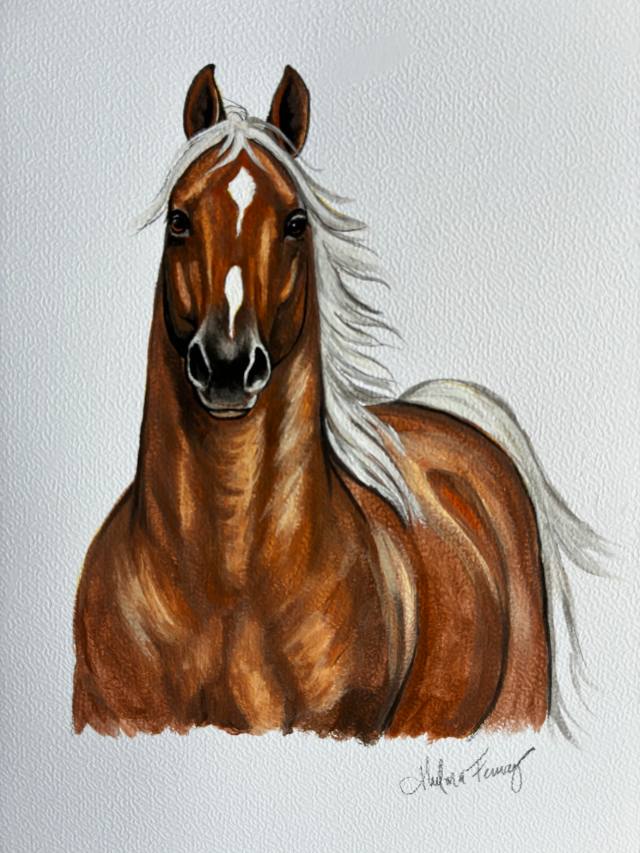 Pintura de cavalo alazão de frente, com crina clara, sobre fundo branco