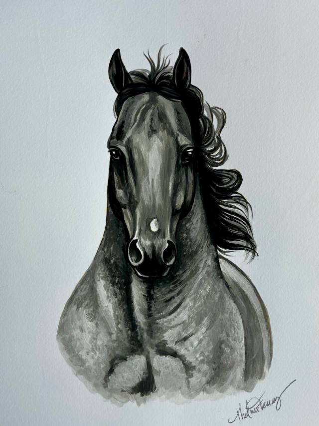 Pintura de cavalo preto de frente, em tons de cinza, sobre fundo branco