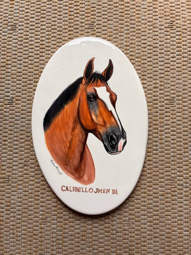 Placa oval de cerâmica com retrato de cavalo castanho e o nome do animal pintados à mão