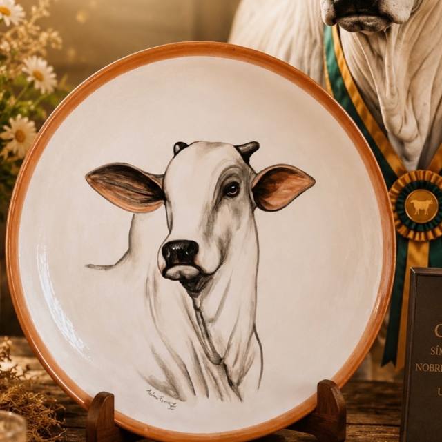 Prato de cerâmica com boi Nelore em tons de sépia e borda terracota, ao lado de uma roseta de premiação