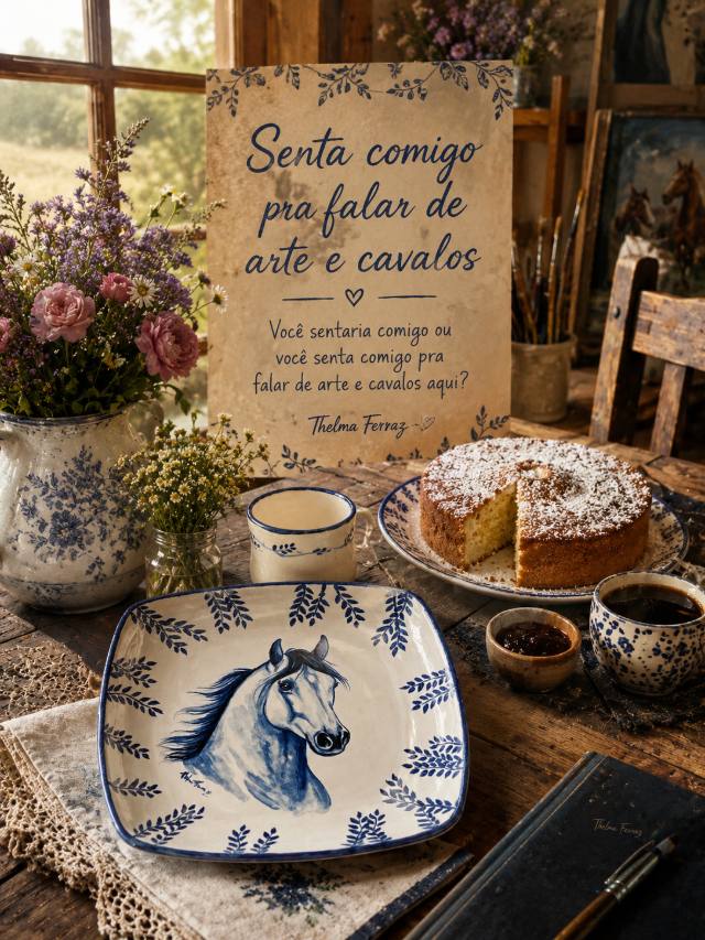 Prato quadrado com cavalo azul ao lado de um bolo e de uma placa com a frase Senta comigo pra falar de arte e cavalos