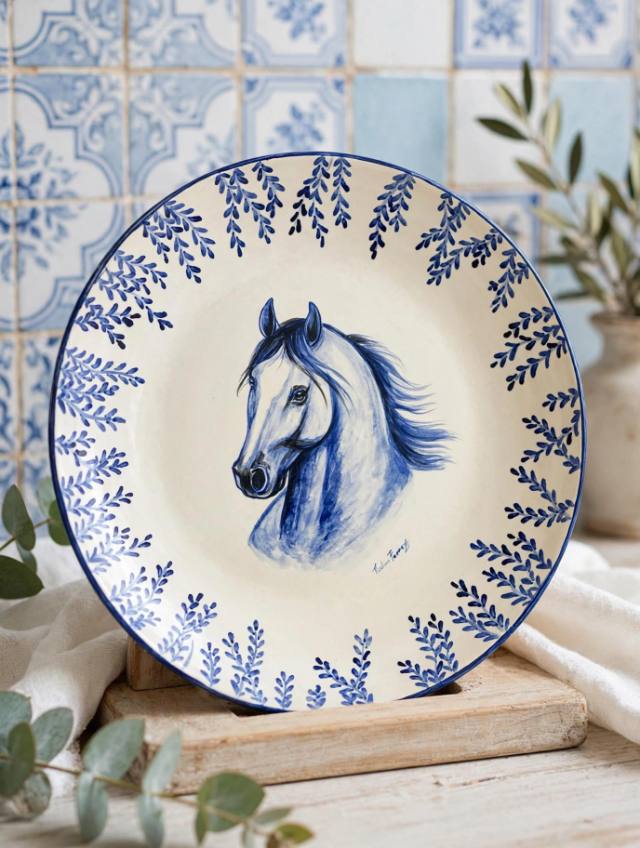 Prato de cerâmica com cavalo azul e borda de folhas pintadas à mão, apoiado em suporte