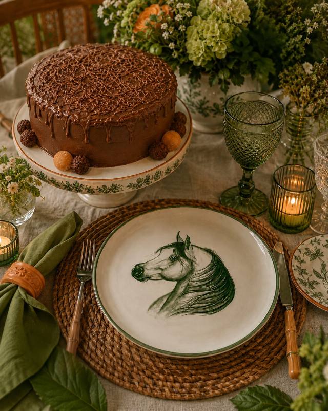 Prato de cerâmica com cavalo em tons de verde em mesa posta com bolo de chocolate