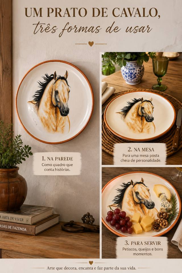 Prato de cerâmica com cavalo baio mostrado de três formas: na parede, na mesa posta e servindo petiscos