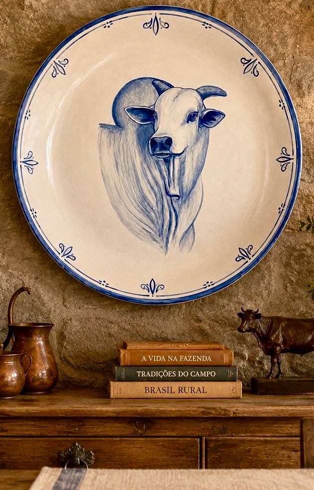Prato de parede de 40 cm em cerâmica com boi Nelore pintado em azul, em parede de pedra