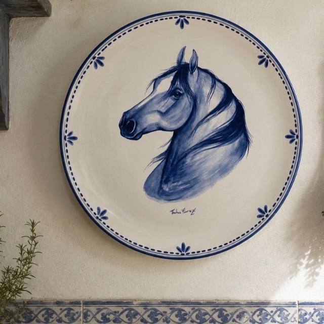 Prato de parede em cerâmica com cabeça de cavalo em azul pintada à mão