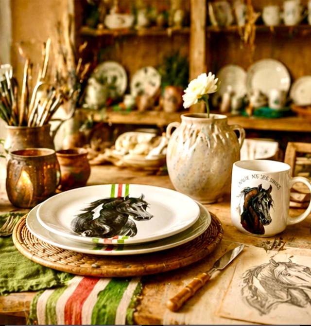Prato com cavalo preto e listras verde, branca e vermelha, ao lado de caneca com cavalo pintado à mão