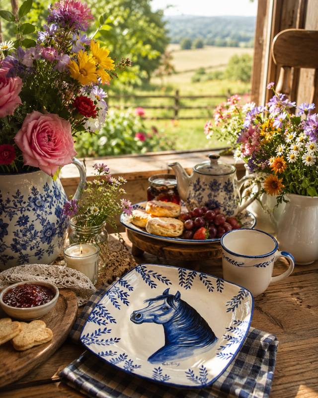 Prato quadrado de cerâmica com cavalo azul em mesa de café com flores do campo
