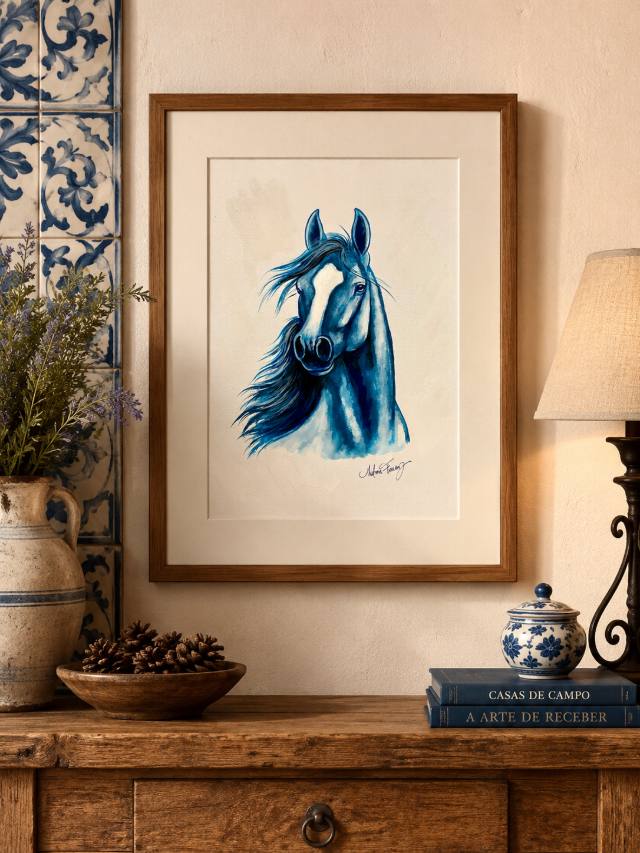 Quadro com cavalo azul em moldura de madeira, ao lado de azulejos e abajur