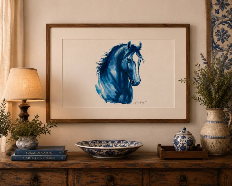 Quadro com cavalo azul emoldurado sobre um aparador de madeira