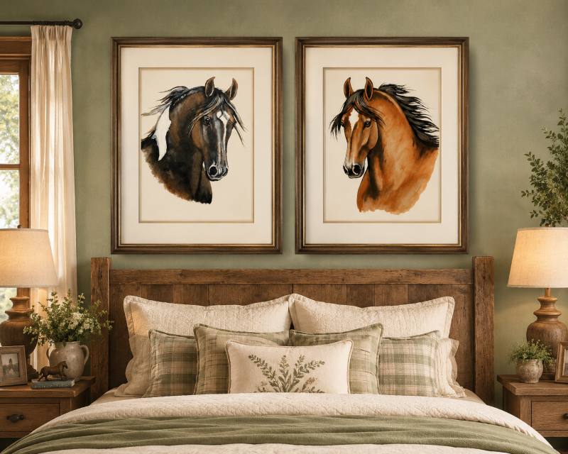 Quarto com dois quadros de cavalos sobre a cabeceira