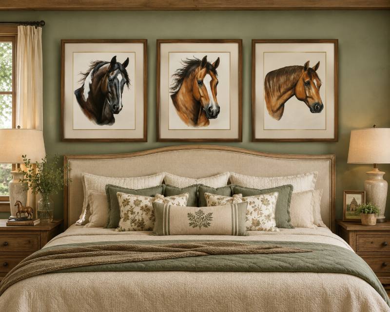 Quarto com três quadros de cavalos sobre a cabeceira