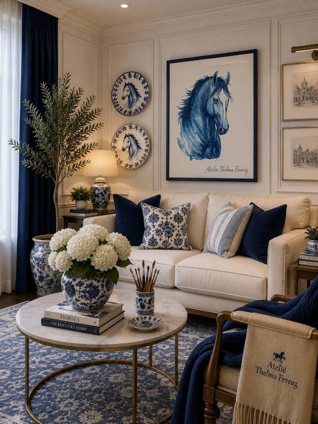 Sala de estar decorada com quadro de cavalo azul, pratos de parede e peças de cerâmica em azul e branco