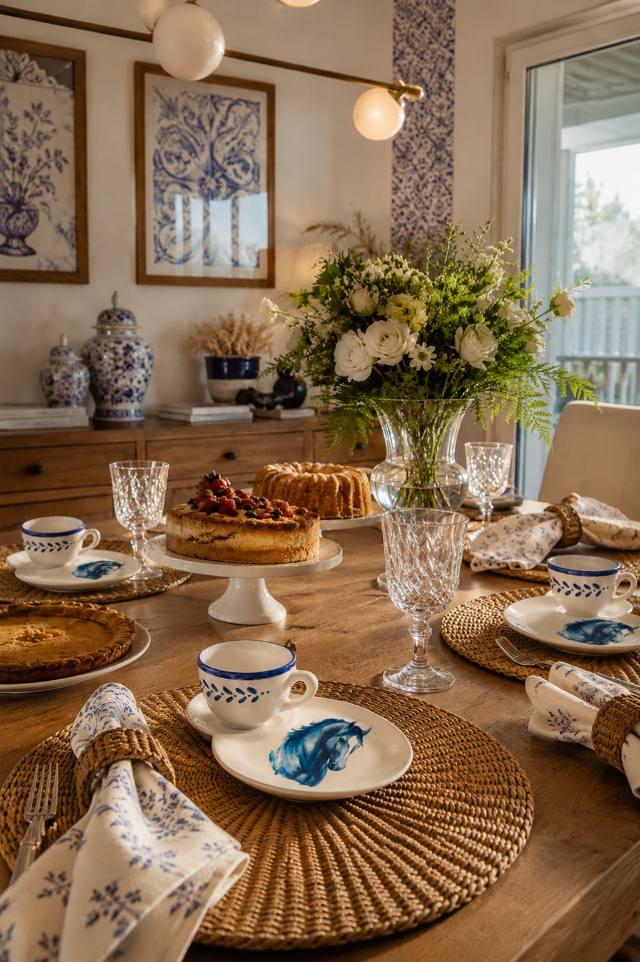 Sala de jantar com mesa posta e louças em azul e branco pintadas à mão
