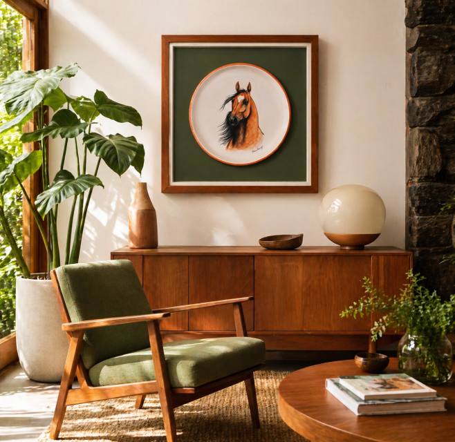 Sala com prato de cavalo alazão emoldurado em fundo verde, sobre um aparador