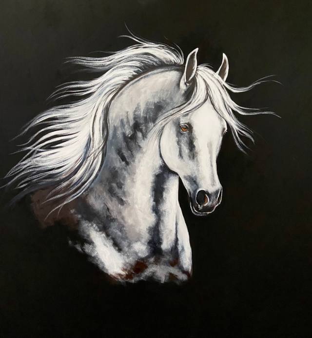Tela com cabeça de cavalo branco de crina ao vento sobre fundo preto