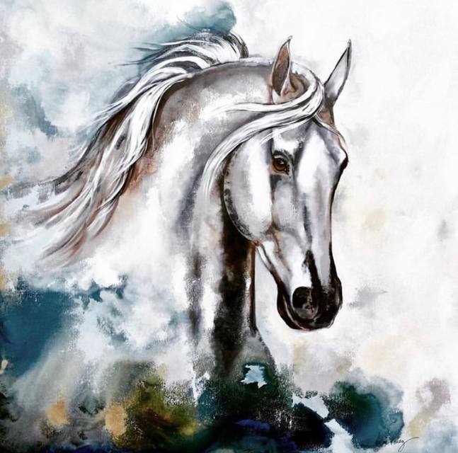 Tela com cavalo branco de perfil e crina ao vento sobre fundo abstrato