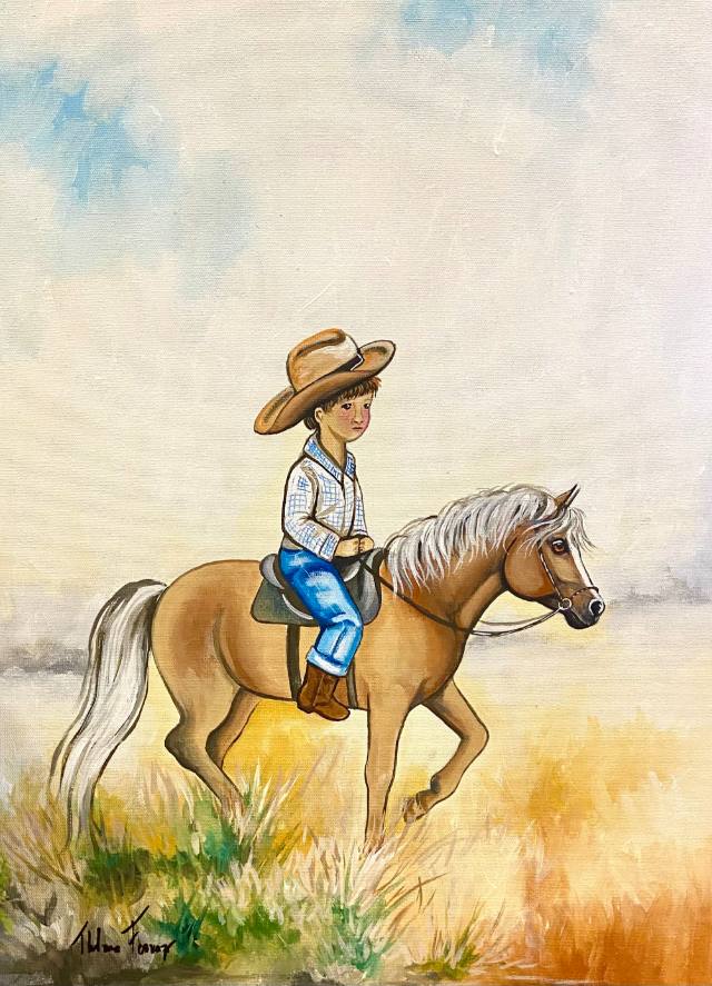Tela com menino de chapéu montado em um pônei baio no campo