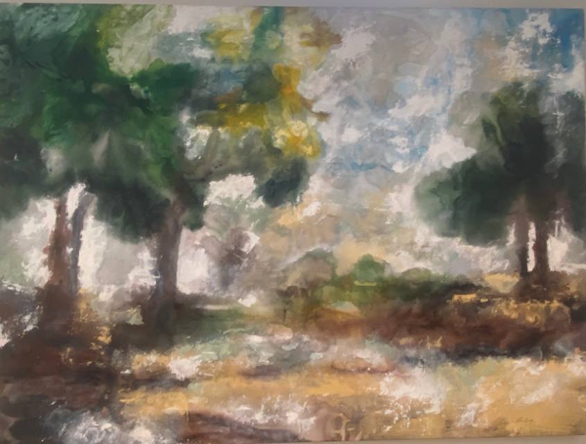 Tela de paisagem com árvores e campo em pinceladas soltas de verde e ocre