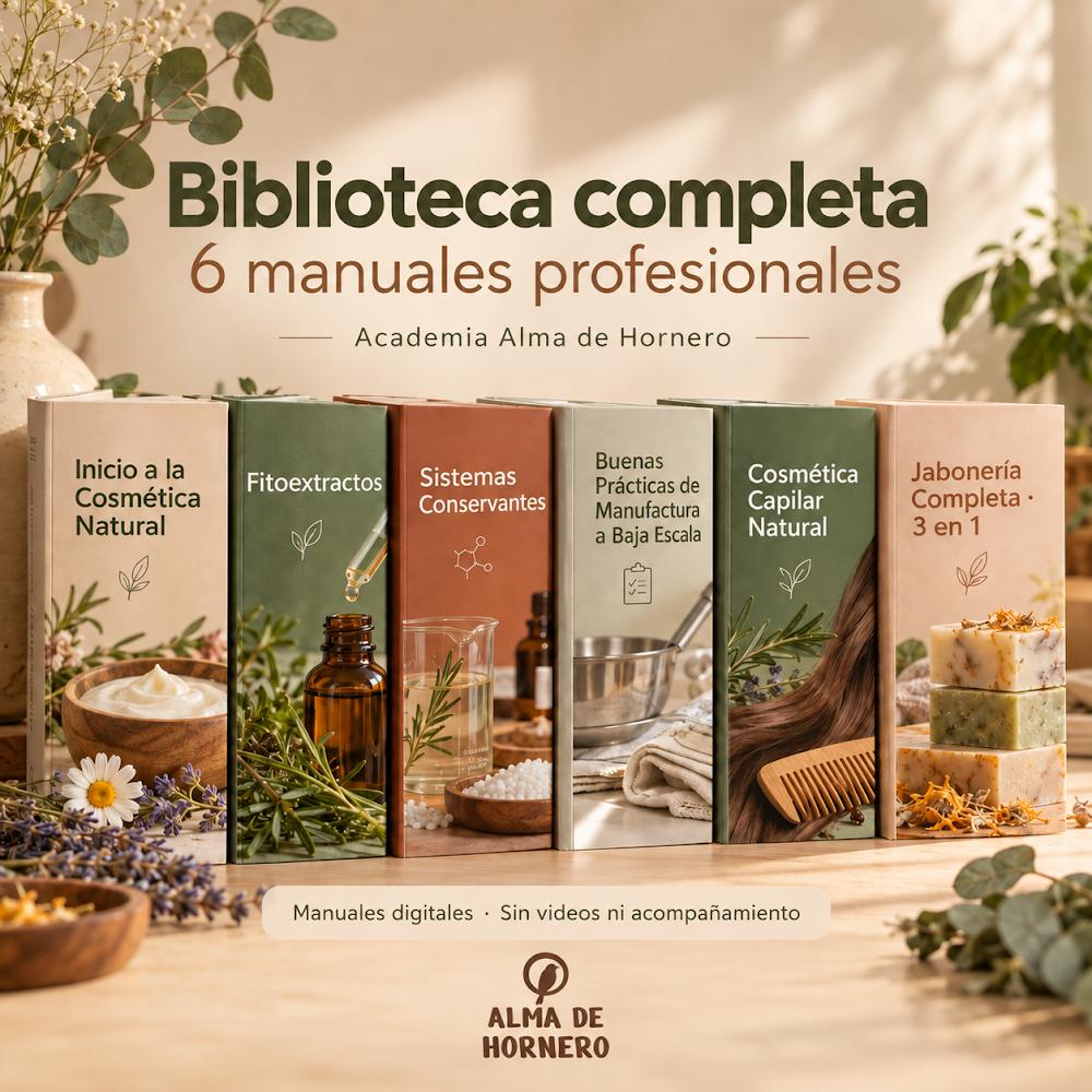 Dise&ntilde;o publicitario de la Biblioteca Completa de la Academia Alma de Hornero mostrando los 6 manuales t&eacute;cnicos de cosm&eacute;tica natural en formato digital.