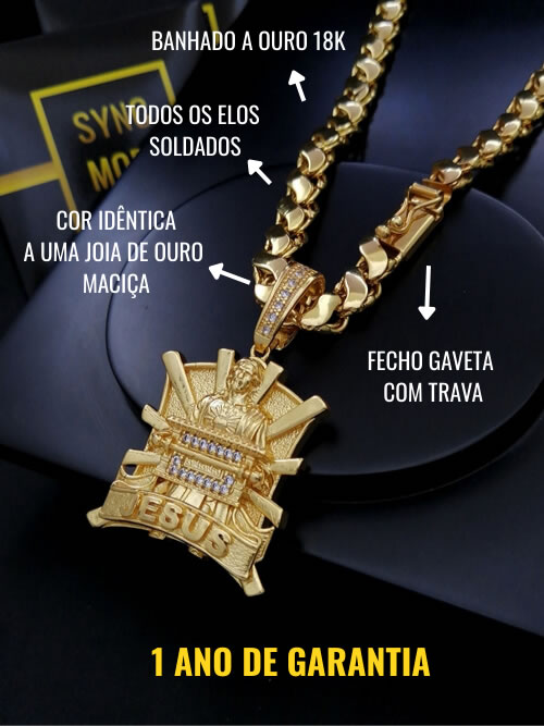 Corrente Friso S 70cm 8mm Fecho Gaveta + Pingente Placa Jesus Arca da Aliança Banhada a Ouro 18K