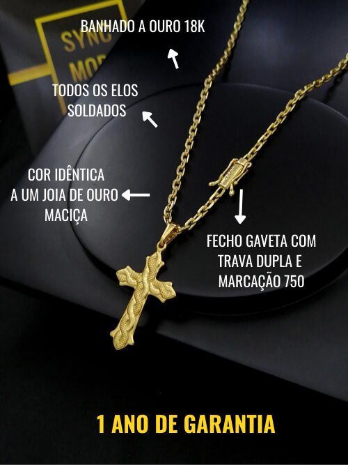 Corrente Cadeado 3mm Fecho Gaveta Trava Dupla e Marcação 750 + Pingente Cruz Serpenteada Banhada a Ouro 18K