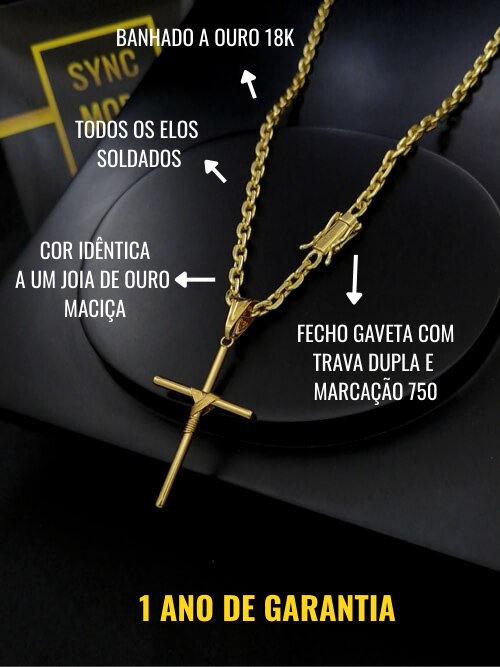 Corrente Cadeado 4mm Fecho Gaveta com Trava Dupla e Marcação 750 + Pingente Cruz Manto Banhada a Ouro 18K