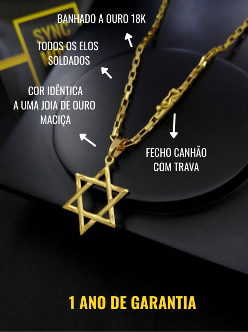 Corrente Tijolinho 4mm Fecho Canhão Banhada a Ouro 18K + Pingente Estrela de Davi